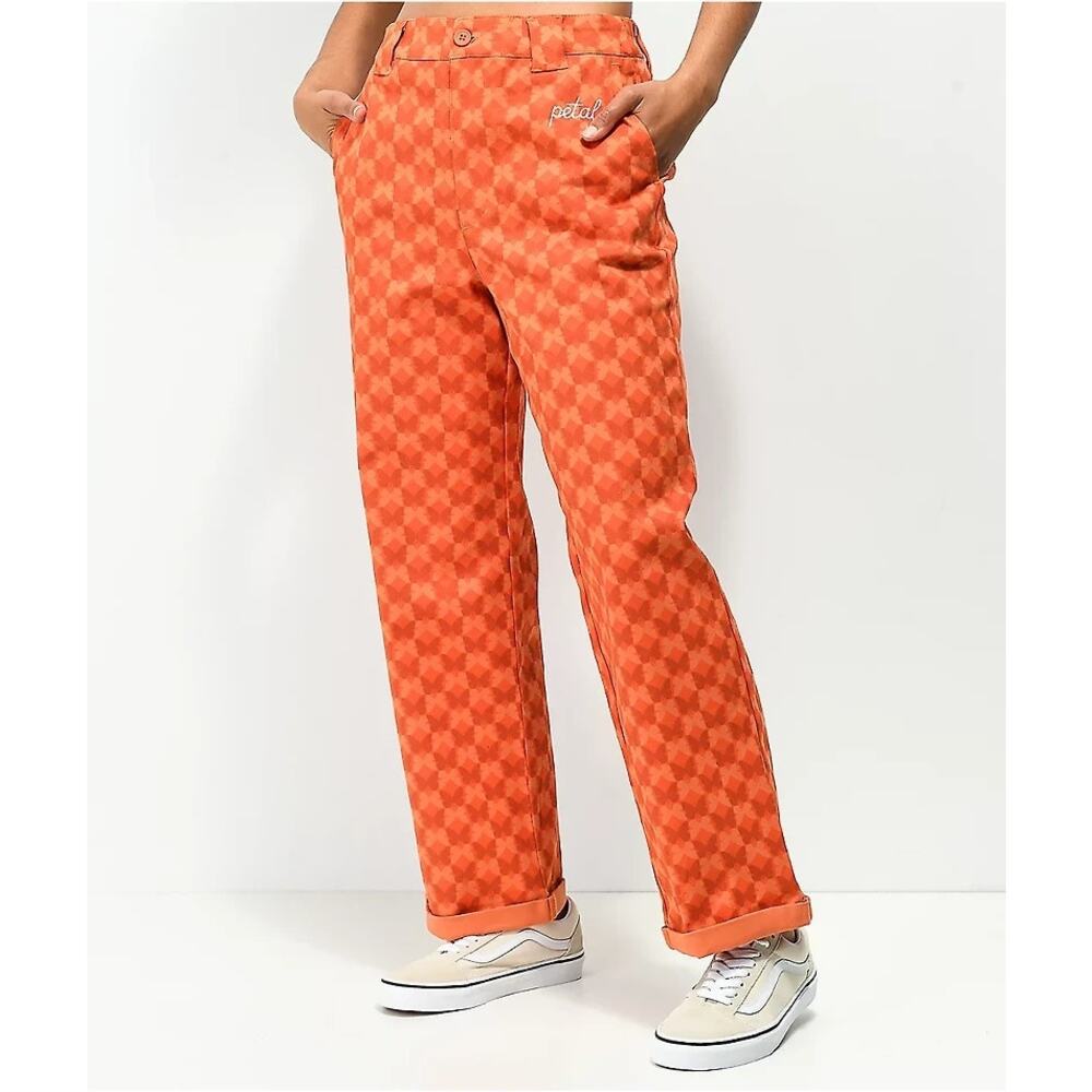 Petals and Peacocks Butterfly Checkered Orange Work Pants
